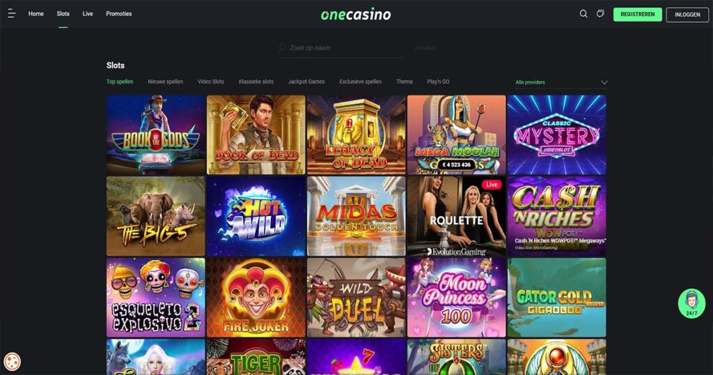 screenshot van one casino slots page for one casino review