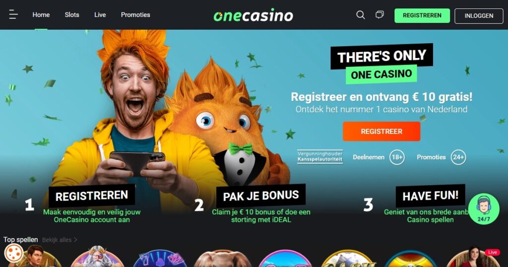 screenshot van one casino homepage voor one casino review