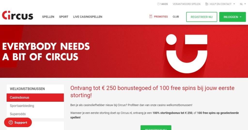 screenshot van de circus casino welkomstbonus pagina