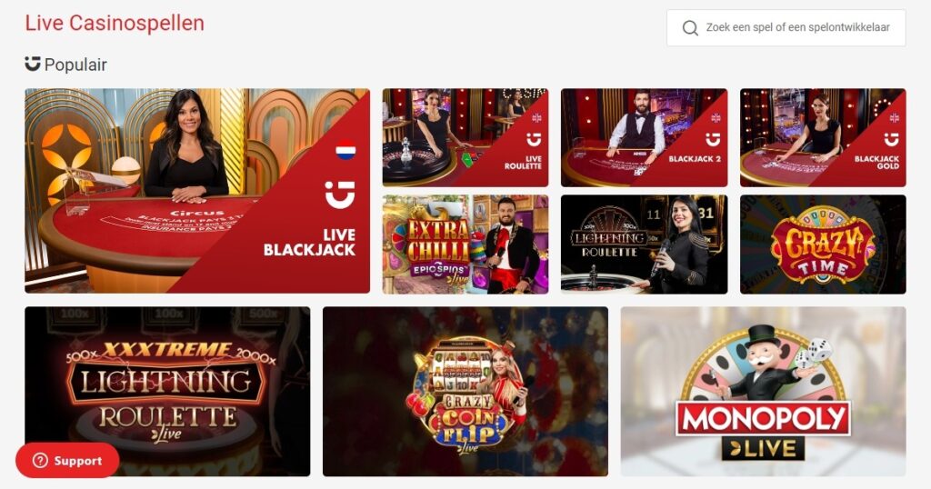 screenshot van de live casino pagina van circus.nl